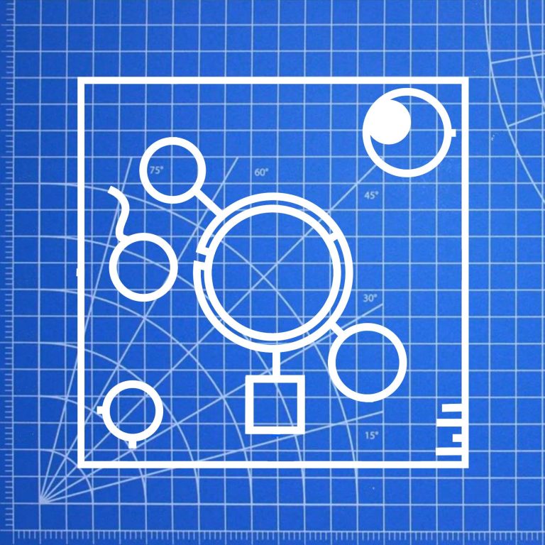 Abstract art, square layout, with a paper-cutting mat background. There is a see-thru box with circles and squares having thick outline. 