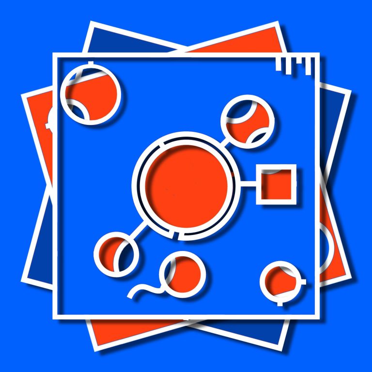 low resolution image of abstract art in four panels, each with a paper-cutting board as the background. Blue and white with orange accents 