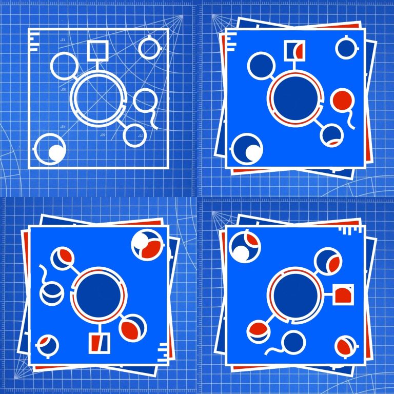 low resolution image of abstract art in four panels, each with a paper-cutting board as the background. Blue and white with red accents.